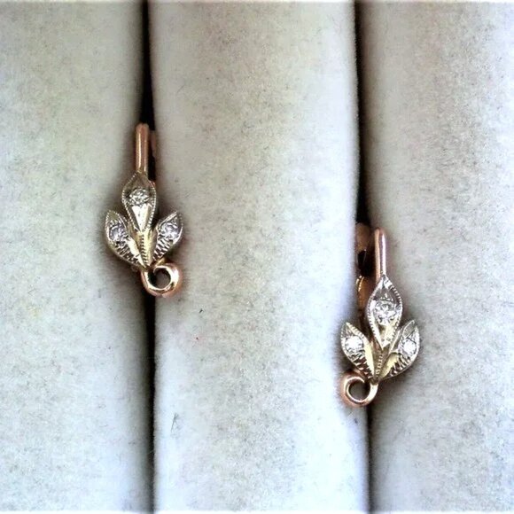 Vintage Soviet USSR Solid 14K 583 Rose Pink White Gold Diamond Pierced Earrings - Picture 5 of 7